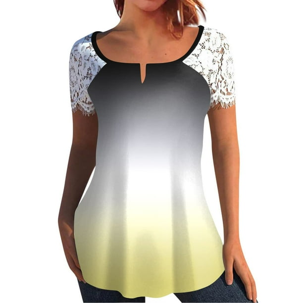 Mujeres Tops Casual verano encaje manga corta Split cuello túnica impresa camisetas camisetas Tops OAVQHLG3B Store lin121212
