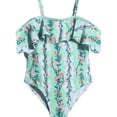 thumbnail image 3 of FINALGANG Girls One Piece Swimsuit Toddler Floral Print Cold Shoulder Ruffled Adjustable Spaghetti Straps Swimwear For Beach Vacation Green 7-8 Years, 3 of 6