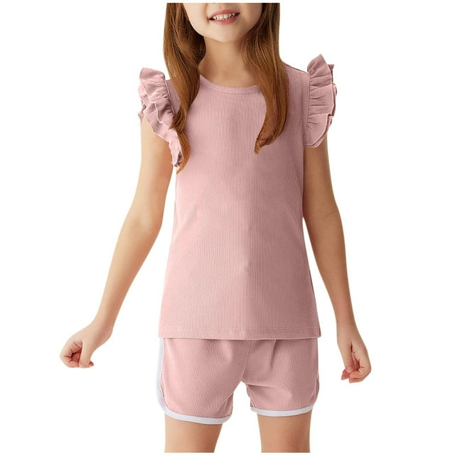 Mgmyaa Girls Summer Sets Crew Neck Solid Color Ribbed Flutter Sleeve Short Sleeve Blouses and Elastic Waist Shorts Two-Piece Set 1-6 Years