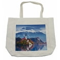 thumbnail image 1 of Landscape Shopping Bag, Photo of Bled in Slovenia with Lake Snowy Mountains and a Castle Pastoral Scenery, Eco-Friendly Reusable Bag for Groceries Beach and More, 15.5" X 14.5", Cream, by Ambesonne, 1 of 2