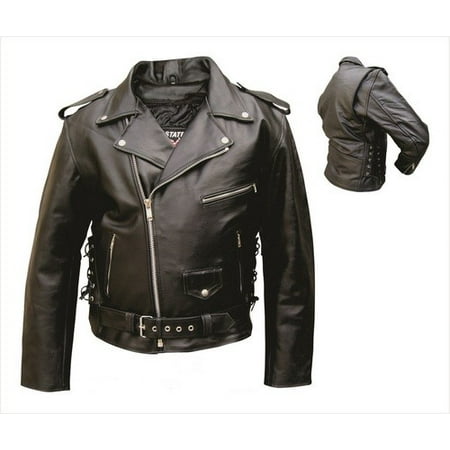 Men'S 38 Size Motorcycle Split Cowhide Leather Zippered Sleeves Side Laces Belted Biker Jacket With Silver