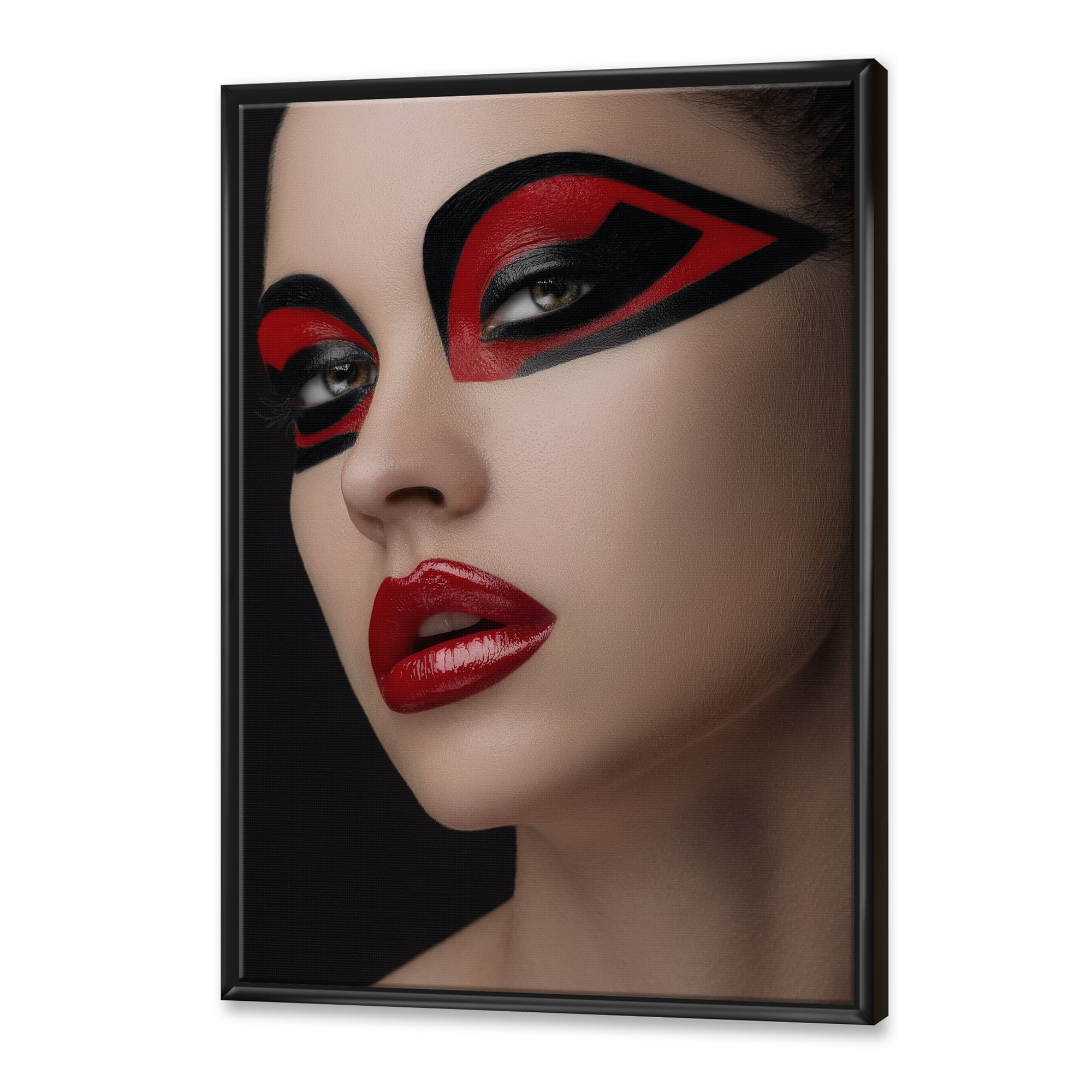 Red Lips Black Makeup On The Eyes of Mask Girl 16 in x 32 in Framed Photography Canvas Art Print, by Designart
