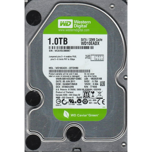 WD10EADX-22TDHB0, DCM HANNHT2MGB, Western Digital 1TB SATA 3.5 Hard Drive