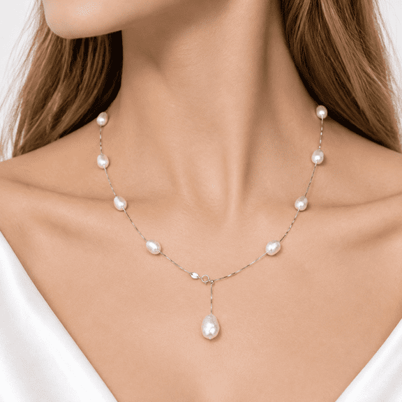 YAMI Freshwater Pearl Necklace for Women 8-9mm White Baroque Cultured Pearl Y Necklace 925 Sterling Silver Adjustable Chain 18 2 Inch Jewelry Gift