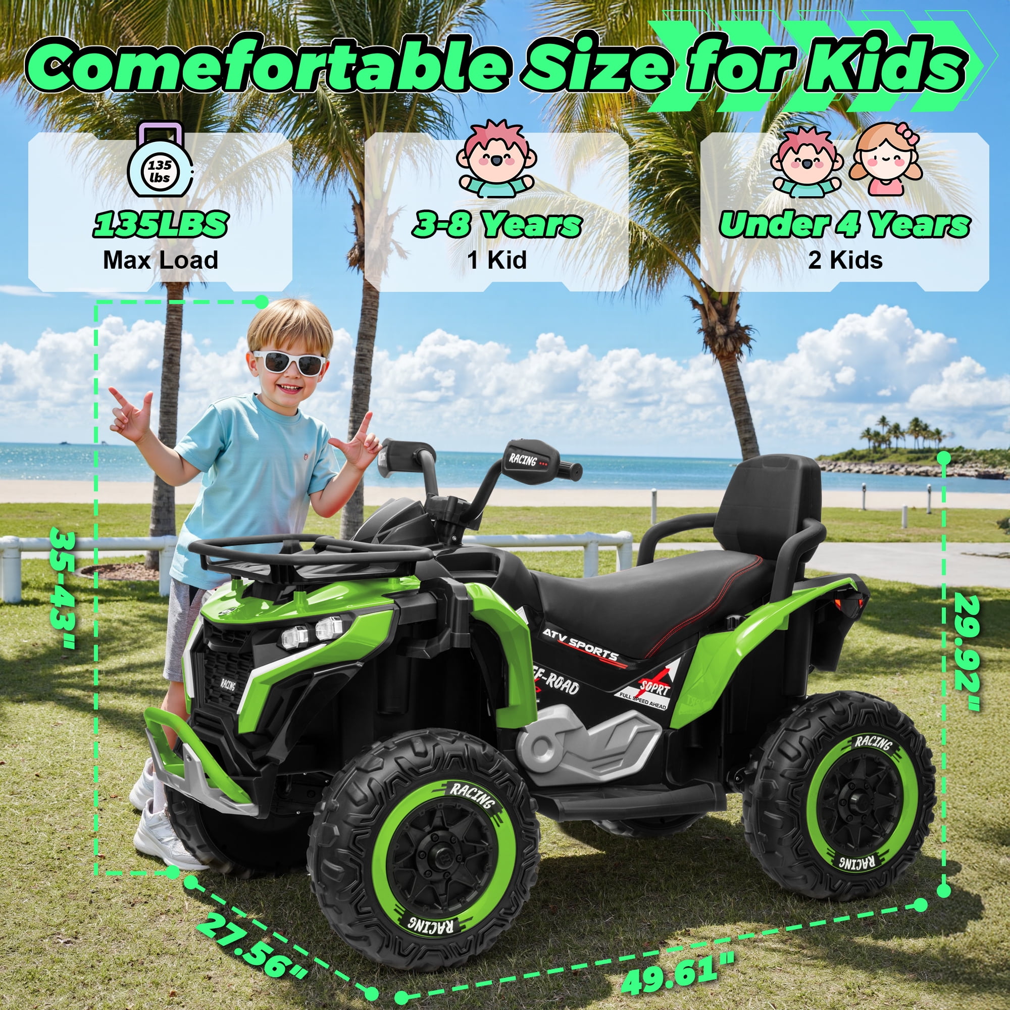 Jorfly 24V Ride on ATV Toys,Power ATV Wheels with Motor, Remote, Bluetooth Music, Horn, LED for Big Kids Gift,Green