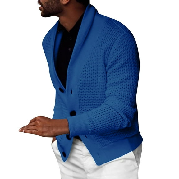 Quealent Mens Shawl Collar Cardigan Sweaters Button Down Open Front Knitwear Cable Knitted Casual Long Sleeve Soft Sweater Jackets Outwear (Blue,L)
