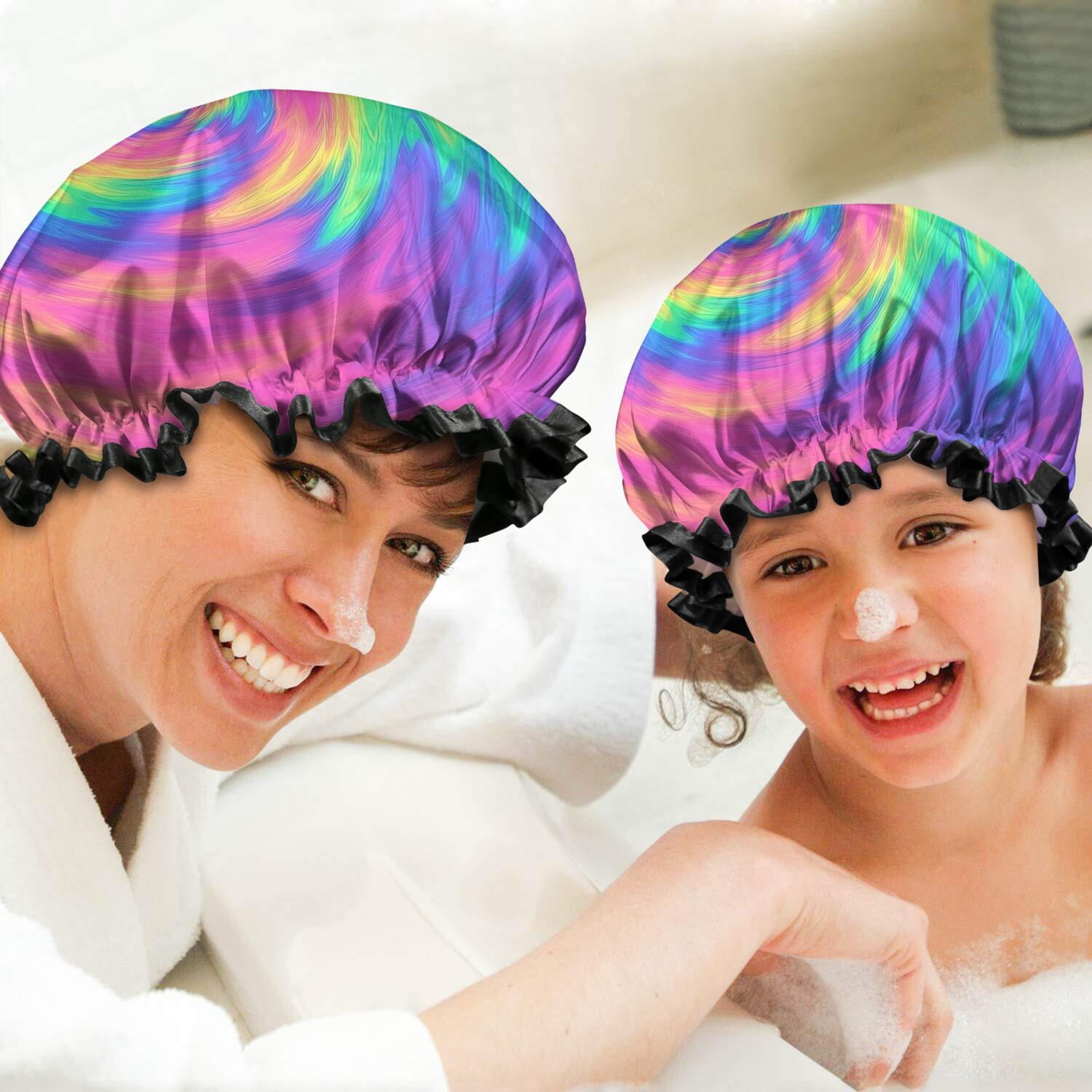 Shower Caps,Rainbow Tie Dye Spiral Pattern Waterproof Shower Cap for Women 4 Pieces,Double Reusable Hair Cover for Shower PEVA Elastic Stretch Hem