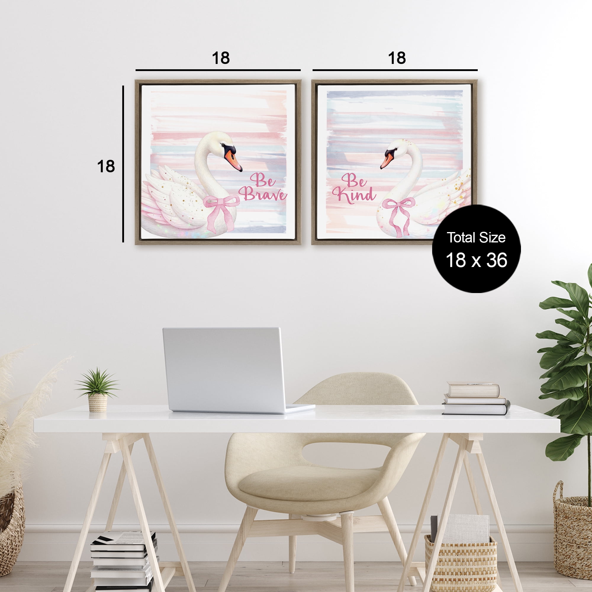 Be Brave & Kind Pastel Swan 2 Piece Brown Framed Floater Canvas Set, design by Kim Allen