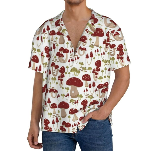 Fotbe Mushroom Camisa Estampada de Manga Corta para Hombre, Casual de Verano, Estilo Playero, Sin Arrugas-Medium