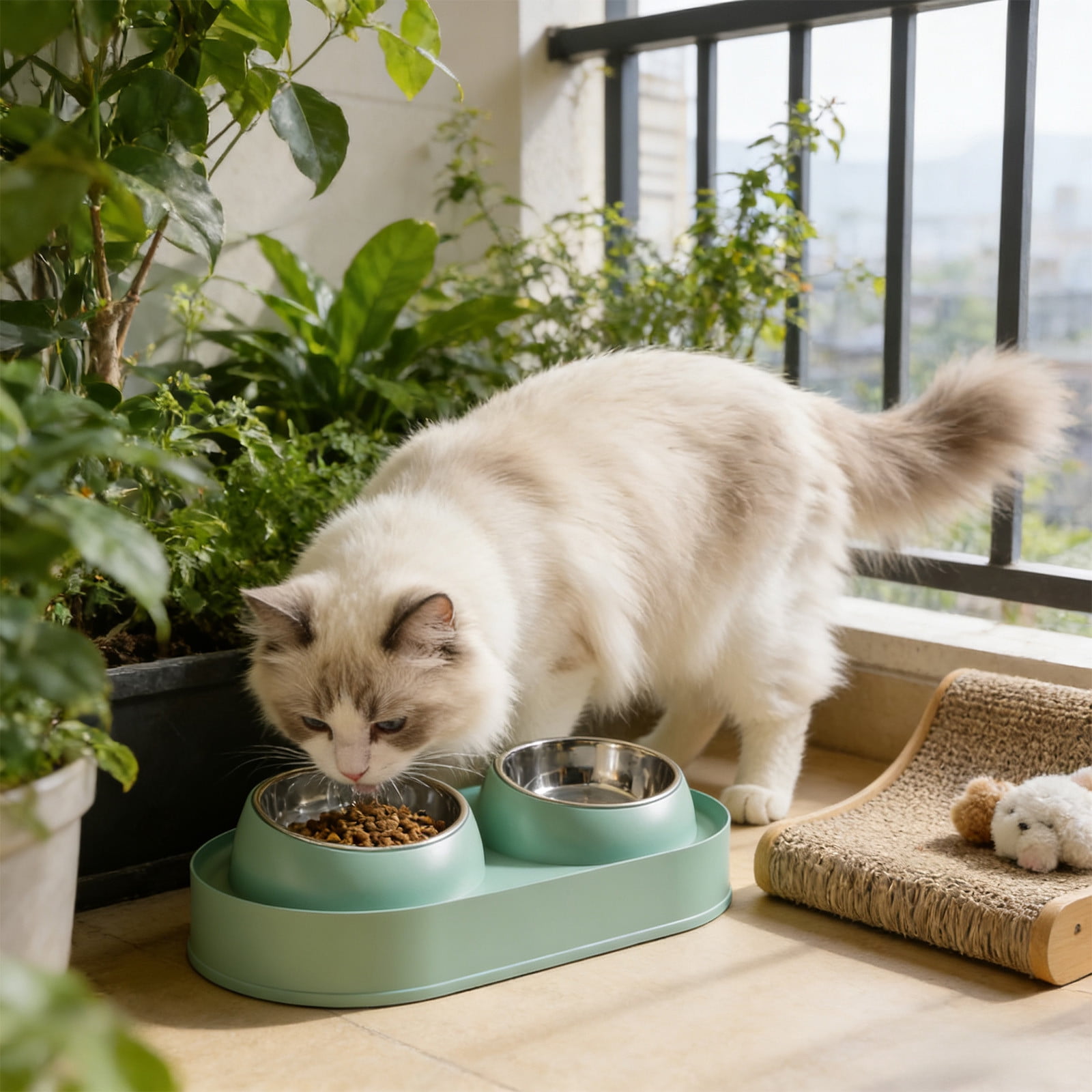 Stainless Steel Double Cat Bowl, Tilted Elevated Food and Water Dish, Ergonomic Non-Slip Feeder for Cats and Kittens, Easy Clean Large Capacity Pet Bowl in Mint Green