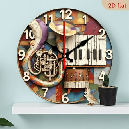A wall-mounted clock featuring a collage of musical instruments. The clock combines colorful collage textures with elements of the trumpet and piano keys, with a musical theme decoration.