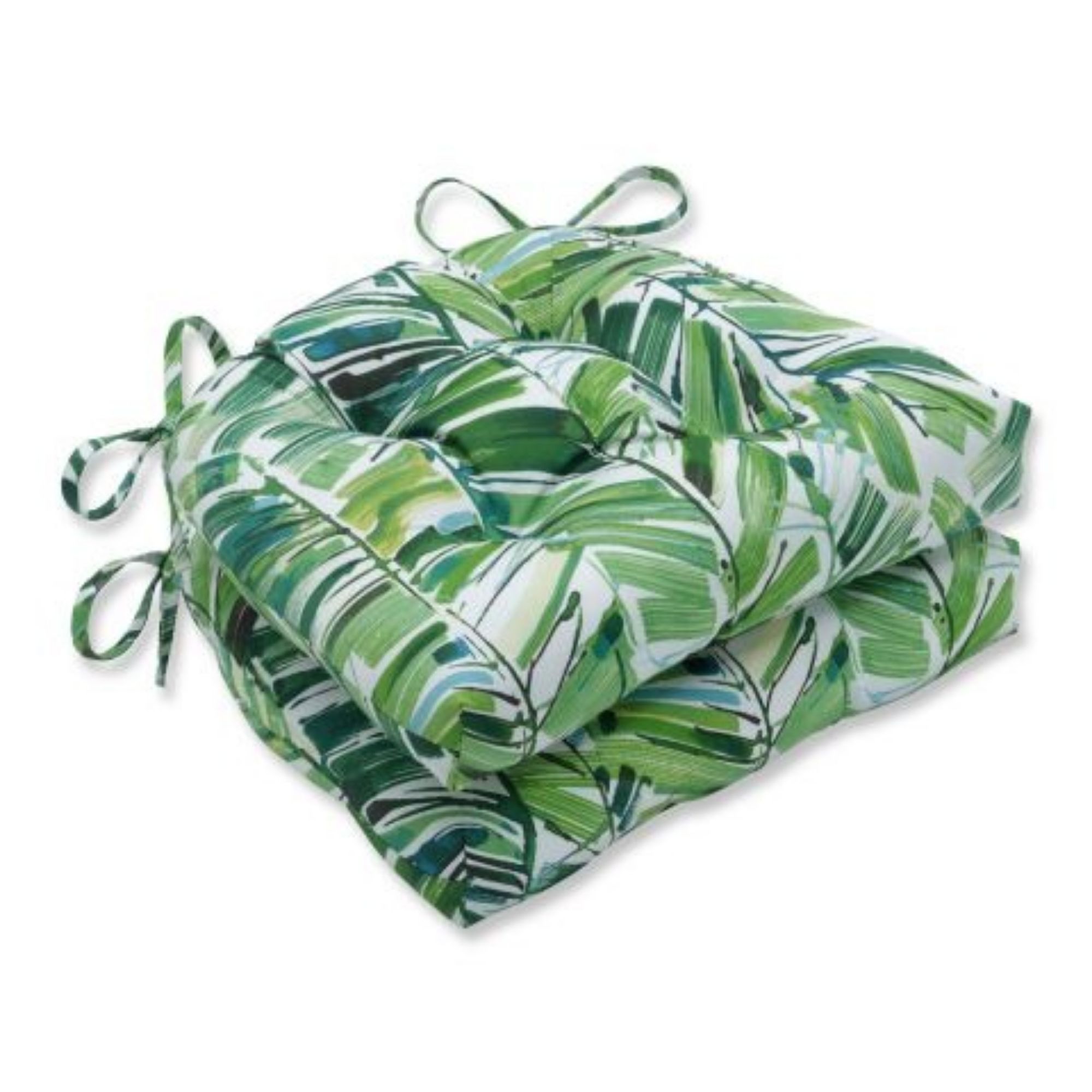 Set of 2 Green and Beige Tropical Tufted Reversible Chair Pads 16