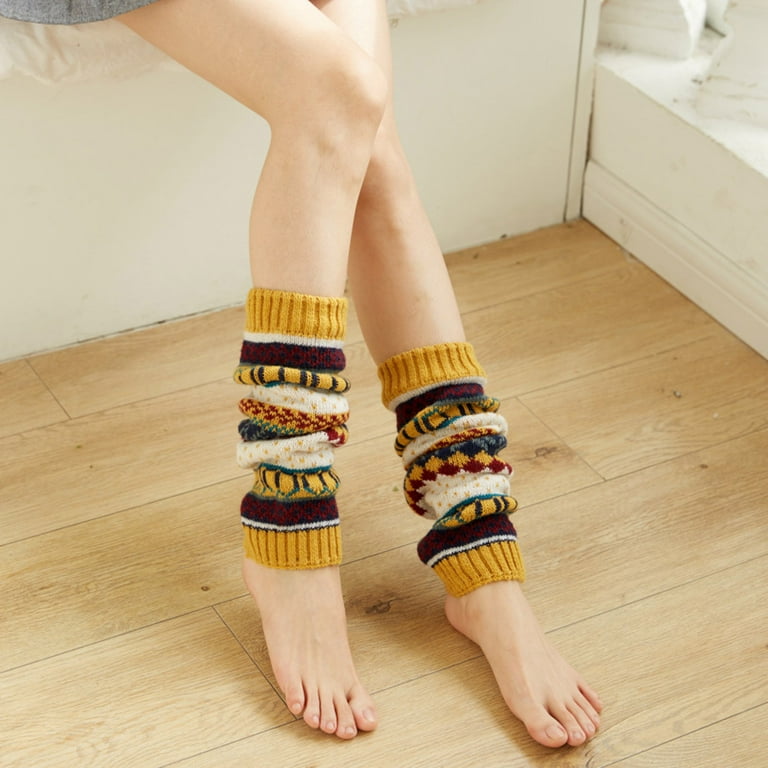 Lovskoo Leg Warmers Women Knee-High Keep Warm Print Socks Knit Leggings Leg  Warmers Socks Thermal Acrylic Winter Sleeve Yellow