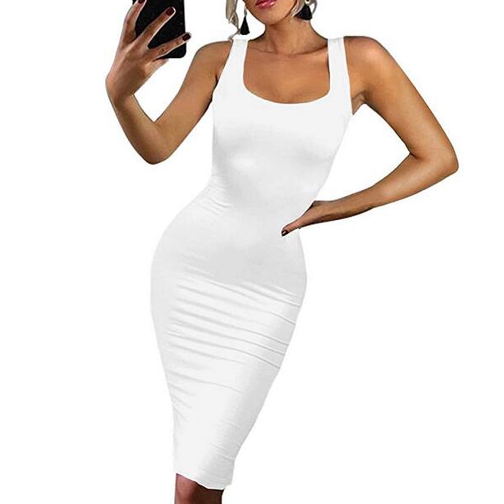 Women Bodycon Sleeveless Pencil Knee Length Club Tank Dress WhiteL -  Walmart.com
