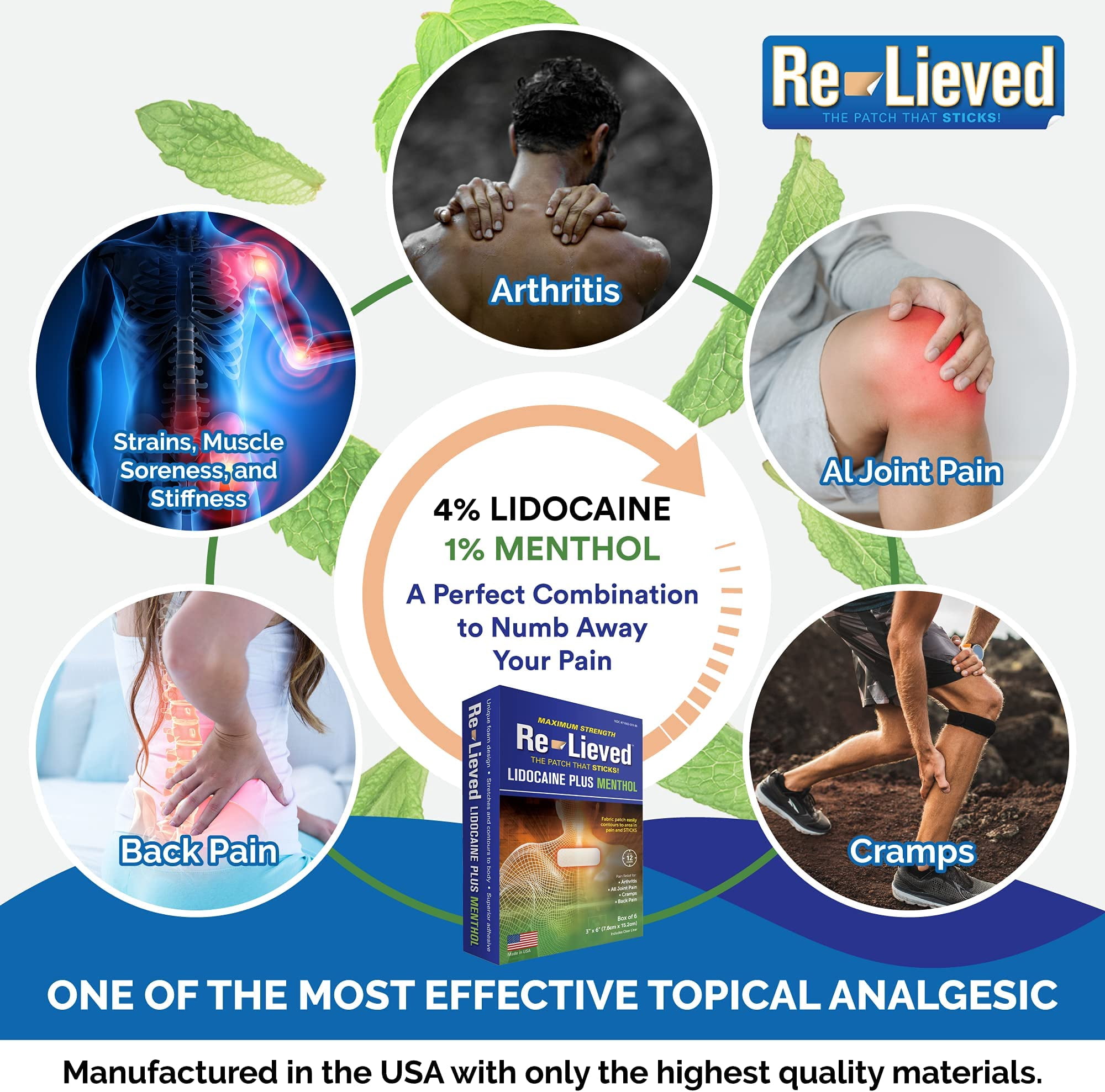 Re-Lieved 4% Lidocaine & 1% Menthol Pain Relief Patches — Maximum Strength Medicated Patches for Joint & Muscle Pain — Stick-on Fast-Acting Pain Relief — Aluminum-Free, USA Made — 6 Count