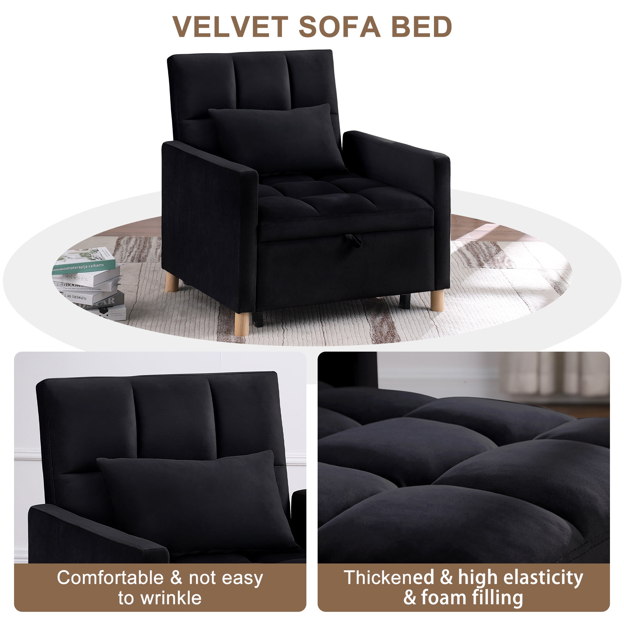 Aukfa 3-in-1 Sleeper Chair, Convertible Pull Out Chair Bed for Small Space, Black