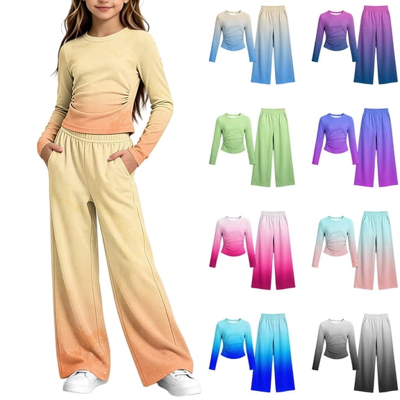Spazoro Girls 2PC Long Sleeve Top and Wide Leg Pants Set, Stretchy Long Sleeve Gradient Color Round Neck Activewear Loungewear Outfit Yellow Size 9-10
