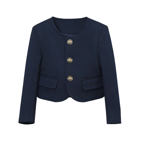 Girls Navy Blazer Jacket, Cotton Cropped Short Blazer for Kids to Preteen Kids, Dressy School Wedding Jacket with Gold Buttons,Size 5-6 T