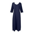 thumbnail image 6 of Mohiass Womens Summer V Neck Solid Color Linen Loose Fit Sundress Fashion 3/4 Sleeve Flowy Vacation Beach Maxi Dress Navy S, 6 of 7
