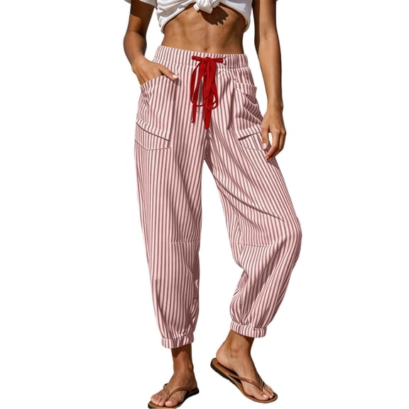 Gytharion Women's Stripes Cuffed Pants Drawstring Elastic Waist with Pockets Casual Loose Trousers