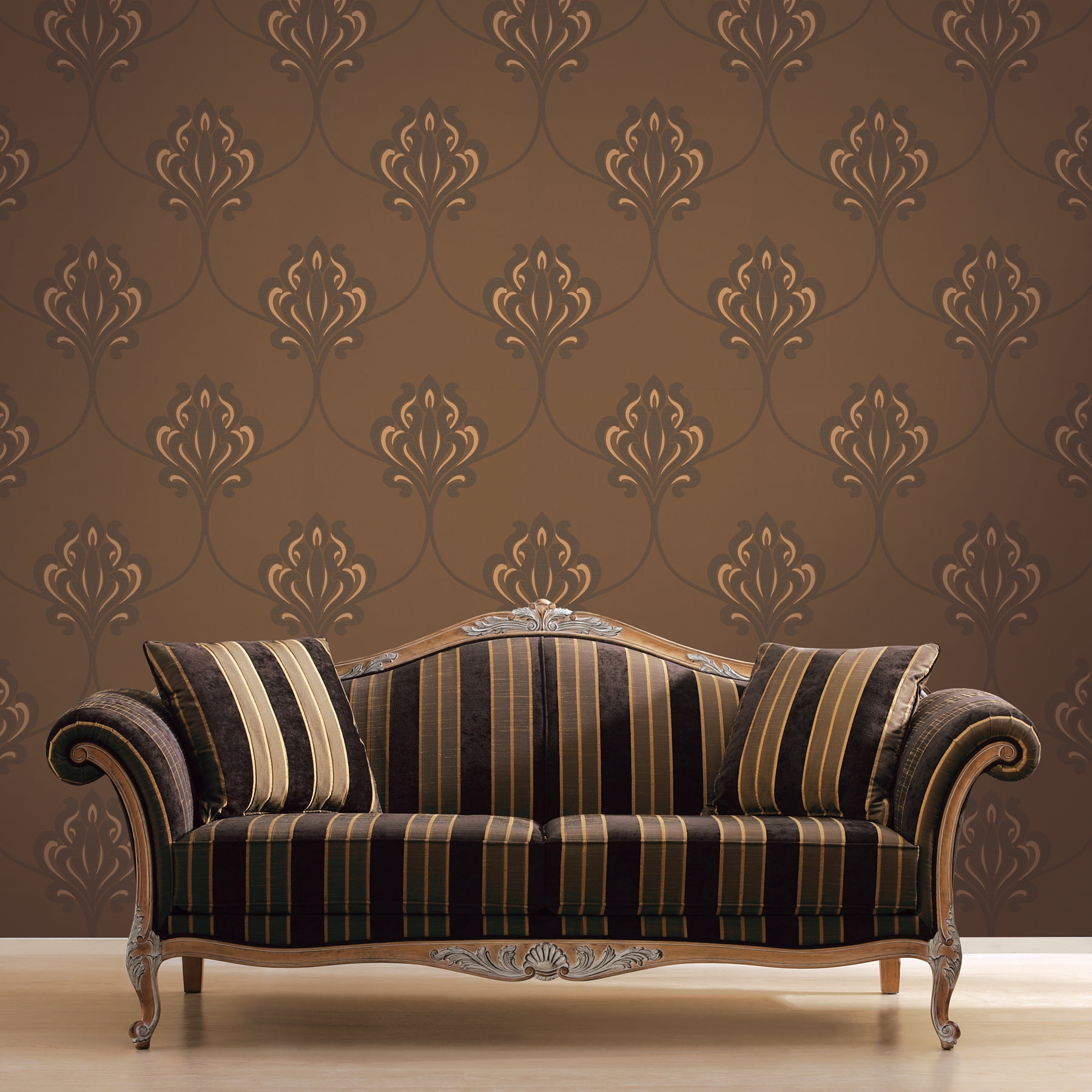 Orfeo Brown Nouveau Damask Wallpaper, 20.5-in by 33-ft, 56.38 sq. ft.