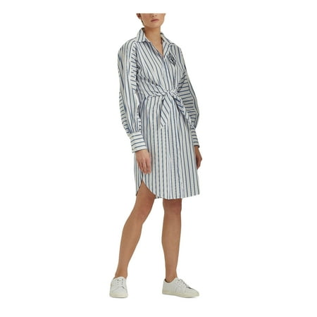 LAUREN RALPH LAUREN Womens White Tie Button Front Shirttail Hem Striped Cuffed Sleeve Point Collar Above The Knee Shirt Dress 12