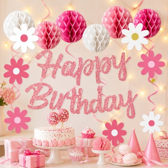 Pink Birthday Decorations, Pre-Strung Pink Happy Birthday Banner for Women Men Boys Girls