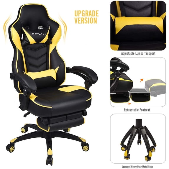 ELECWISH Racing Style Reclining Gaming Chair High Back Large Size Ergonomic Adjustable Swivel Computer Chair with Footrest Headrest and Lumbar Support PU Leather Executive Office Chair (Yellow)