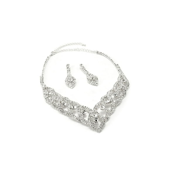 Silver Crystal Raindrop Dangle Earrings & Braids Accented Necklace Jewelry Set