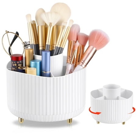 Armscye Makeup Brush Holder Organizer for Vanity, 360 Degree Rotating Cosmetic Skincare Organizer, 5 Slot Spinning Make Up Caddy Holoder for Vanity, Dresser, Bedroom, Bathroom
