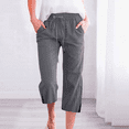 thumbnail image 2 of OSOLU Women Summer Solid Color Pocket Drawstring Linen Casual Loose Straight Slit Home Cropped Pants Trousers Everyday Comfort Versatile Bottoms, 2 of 5