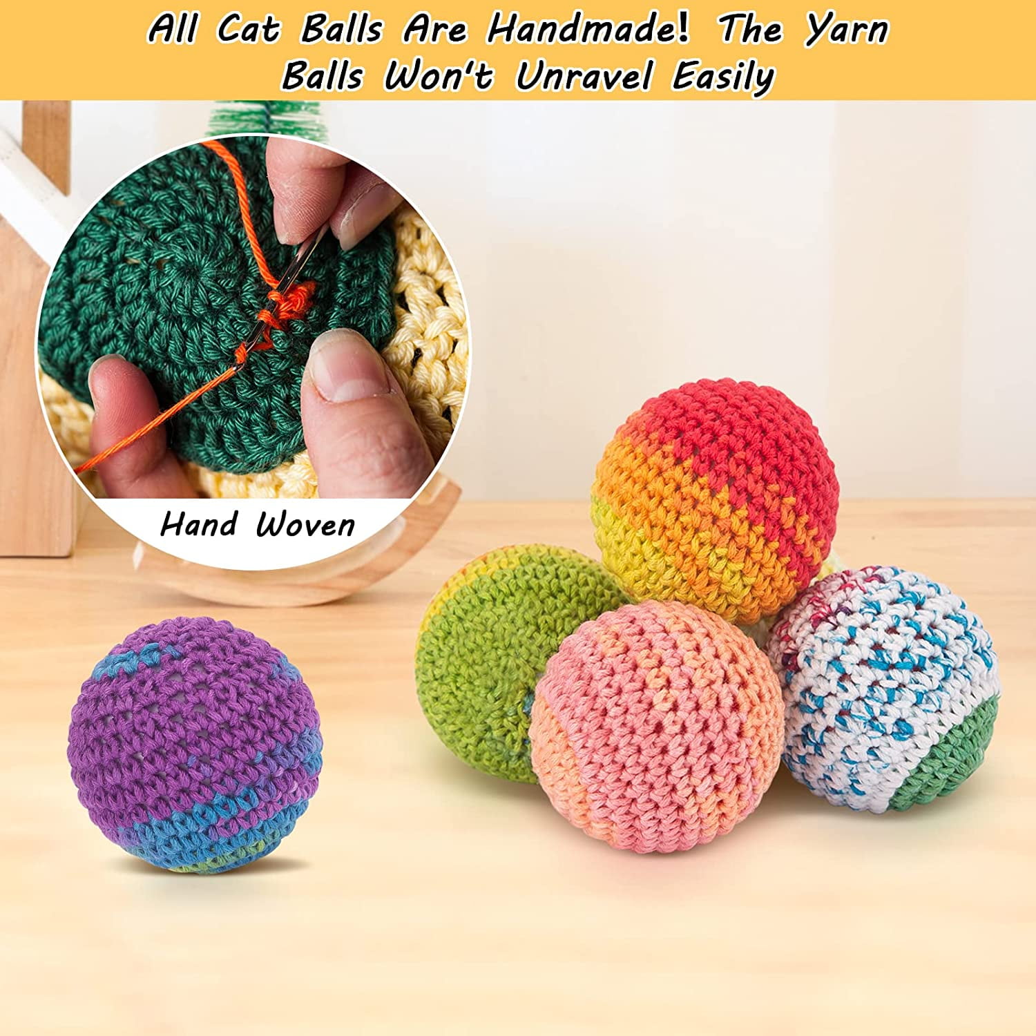 Cat Toys Balls, Yarn Cat Ball with Bell Inside, Kitten Toys for Indoor Cats Kitty, Interactive Cat Nip Chew Toys for All Pet Breed 6 Pack