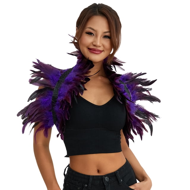 Fortune Cape Gothique à Plumes pour Femmes Halloween Cosplay Fête Châle à Lacets Boléro