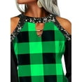 thumbnail image 4 of DYMADE Women Plus Size Crew Neck Off Shoulder Plaid Printed Loose Long Sleeved T-shirt Top, 4 of 4