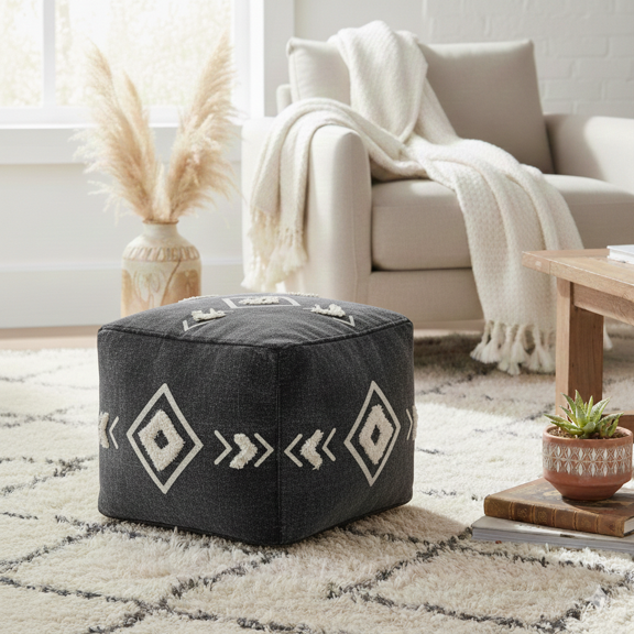 LR Home Small Over-tufted Geometric Indoor Square Pouf, Black/White, 18" x 18" x 14"