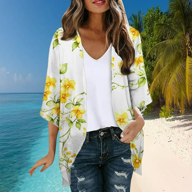 Cárdigan de playa para mujer, estilo hawaiano, informal, moderno, estampado, de manga larga, de poliéster