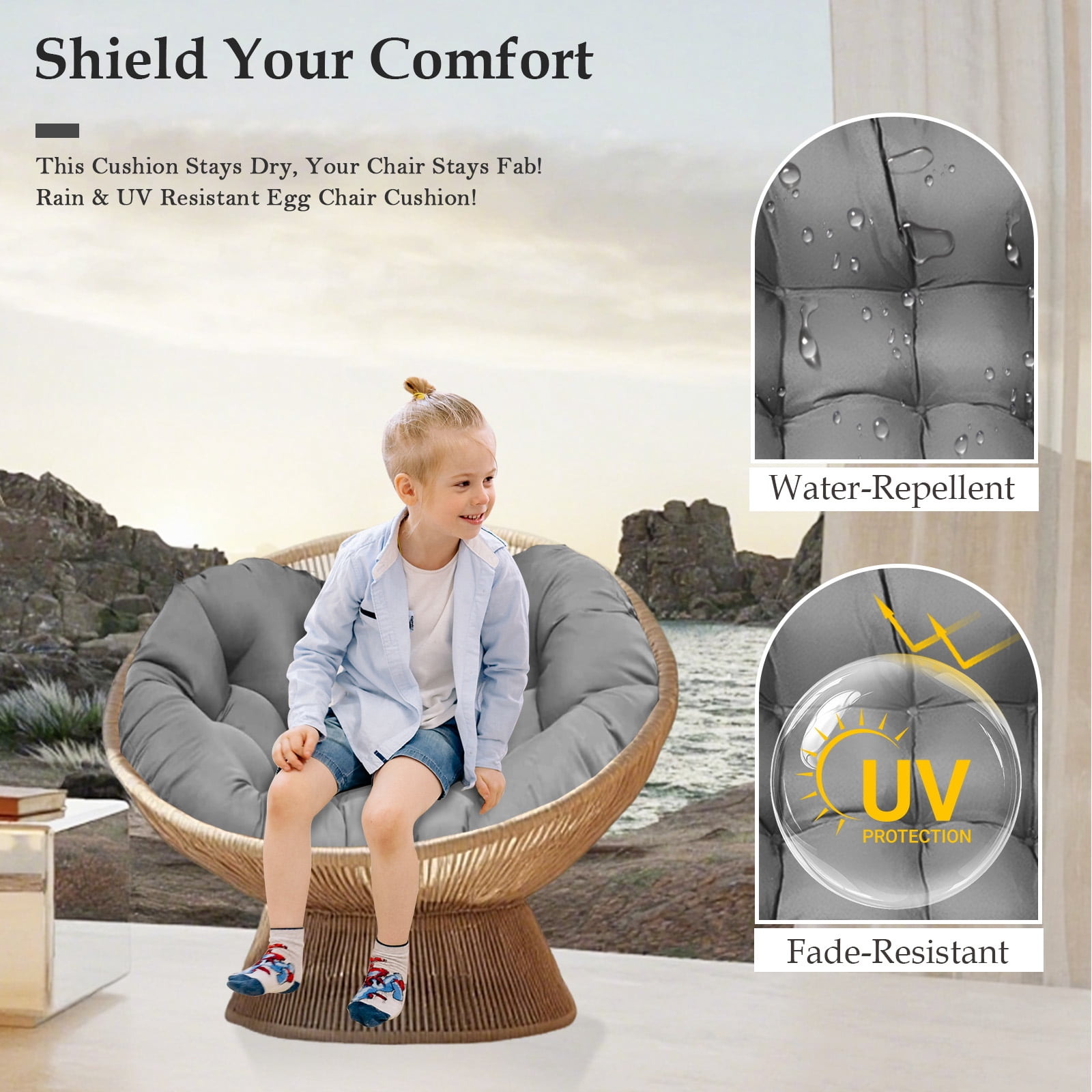 XXLYY Outdoor Egg Chair Cushion Replacement, 7.9”Thick Waterproof Hanging Chair Cushion with Ties for Patio & Porch