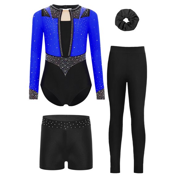 Haitryli Kids Girls 4-Piece Gymnastics Set Long Sleeve Ballet Dance Leotard Bodysuit Unitard with Shorts Leggings and Hairband Blue Black 10