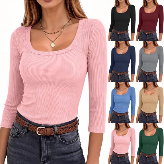 Otntypg Womens 3/4 Sleeve Scoop Neck Tops Ribbed Knit Slim Fitted Casual Basic Athletic Tee Shirts Fall Trendy Solid Color Going Out T-Shirt