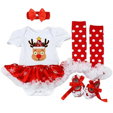 

Maxcozy Infant Baby Girls Christmas Deer Outfit Romper Tutu Skirt+ Headband +Leg Warmer +Shoes Set 12-18 Months