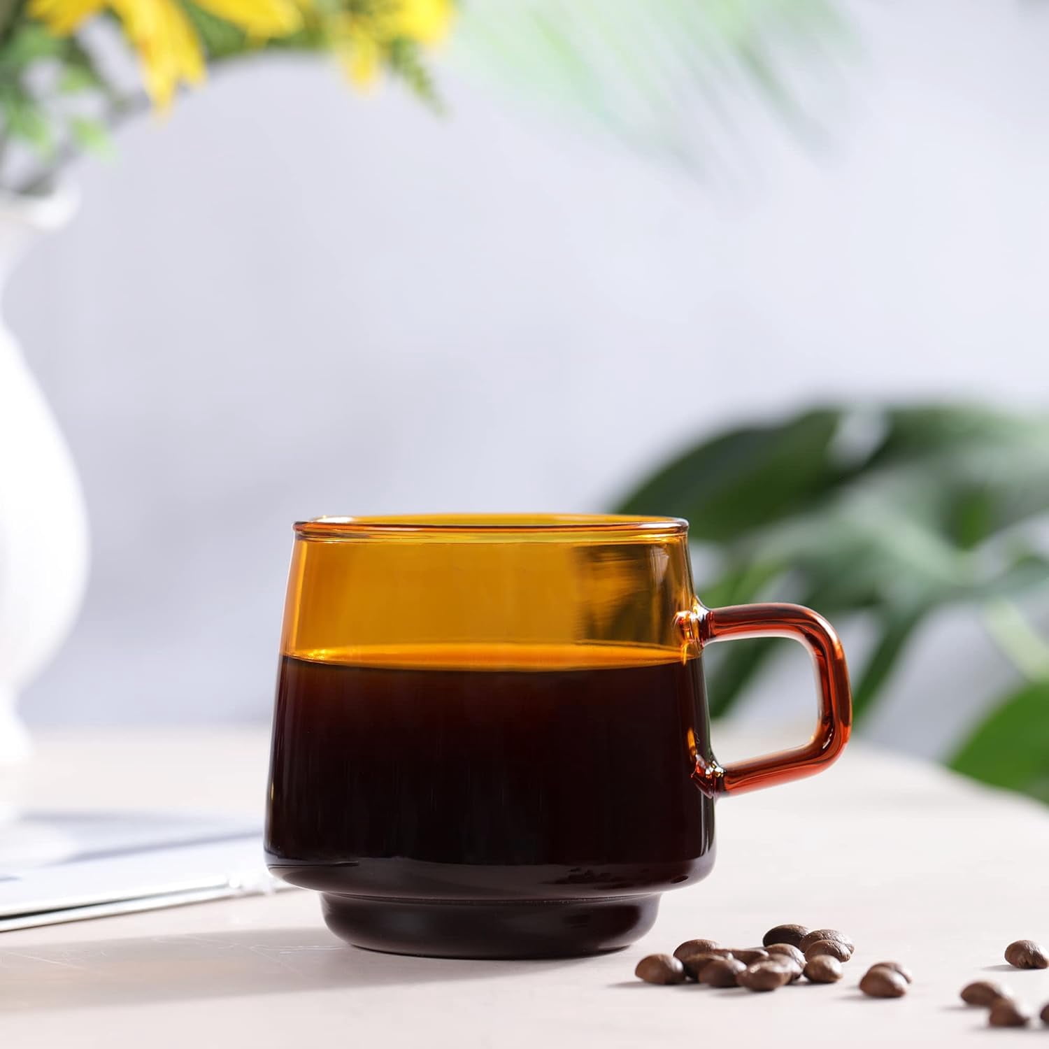 ABCISI Amber Glass Coffee Mugs Set of 2-10 oz Glass Stackable Coffee Cups with Handle - Colored Tea Cups Drinking Glasses for Espresso, Cappuccino, Latte, Tea, Milk