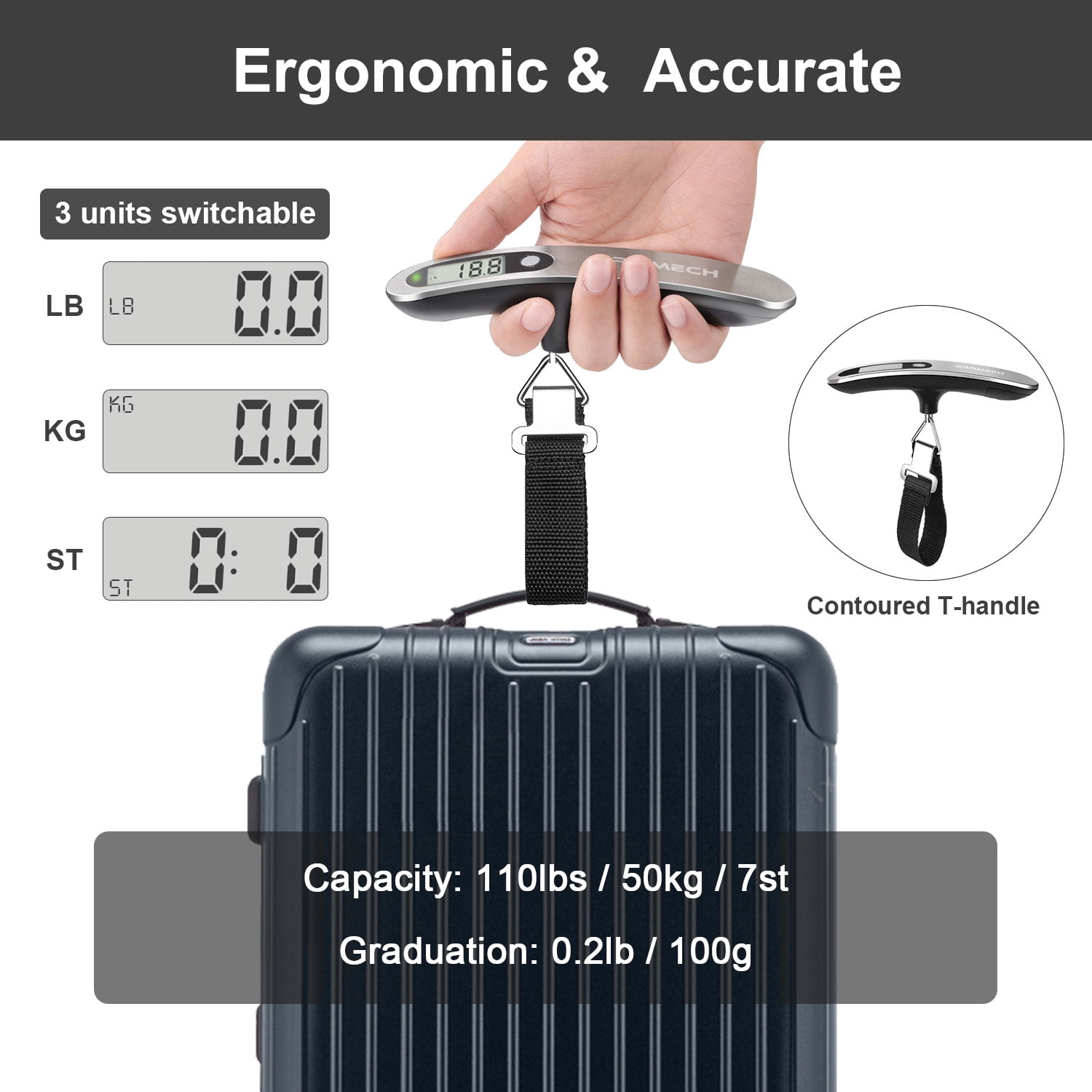 BROMECH Luggage Scale, 110lbs Portable Digital Hanging Baggage Scale, Stainless Steel Travel Weighing Scale with Hook & Battery, Strong Straps Suitcase Scale Suitable for Travel (Silver)