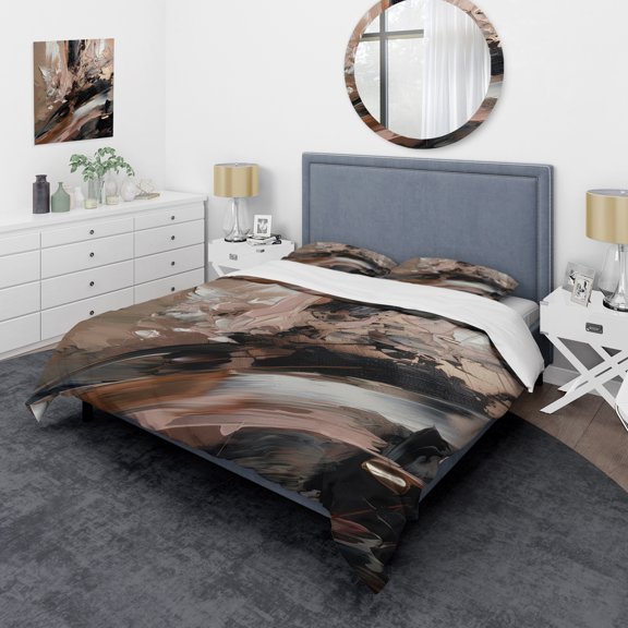 Designart "Beyond Boundaries Brown and Black II" Abstract Bedding Covert Set - Modern Brown Bed Set With 2 Shams