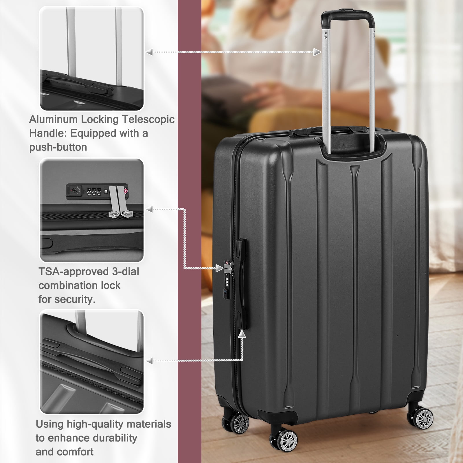 Ktaxon 3-Piece Hardshell Luggage Set Lightweight ABS+PC Carry On Suitcase with TSA Lock, 360° Spinner Wheels Dark Gray