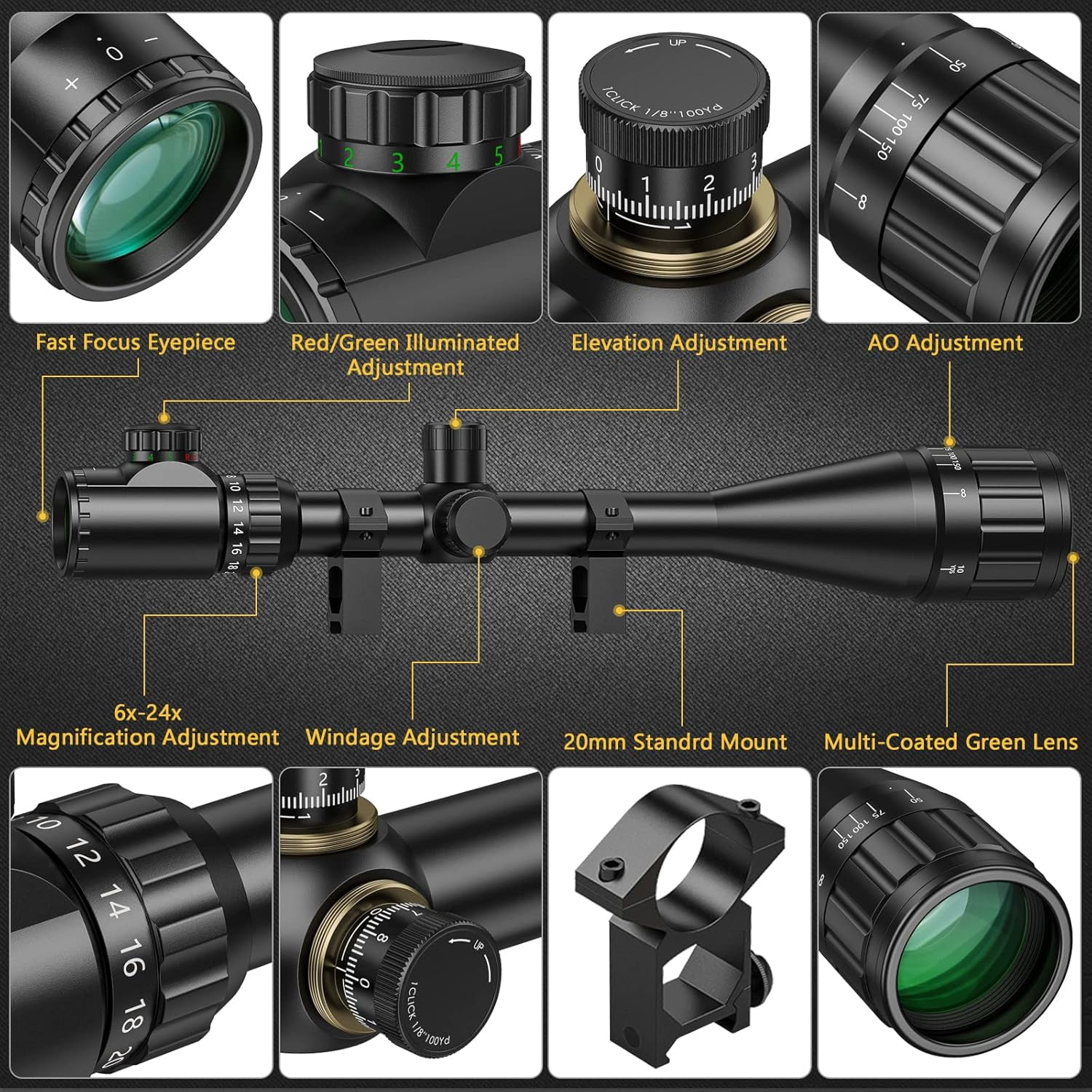 CVLIFE 6-24x50 AO Long Range Scope for Hunting, with Rings