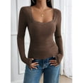 thumbnail image 5 of Womens Long Sleeve Shirts Square Neck Ribbed Knit Crop Tops Fall Outfits Fashion Clothes Brown L, 5 of 9