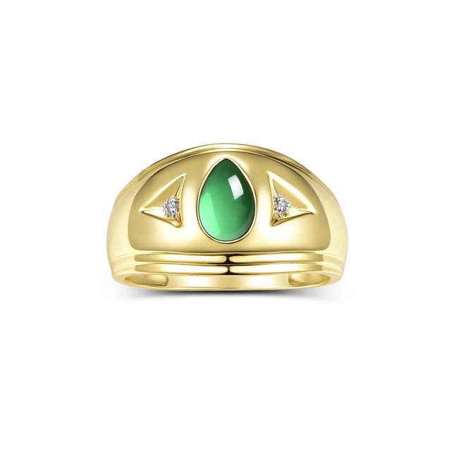 RYLOS Men's Rings 14K Yellow Gold Pear Shape Tear Drop Cabochon Gemstone & Diamond Rings; Cabochon Emerald Size 13