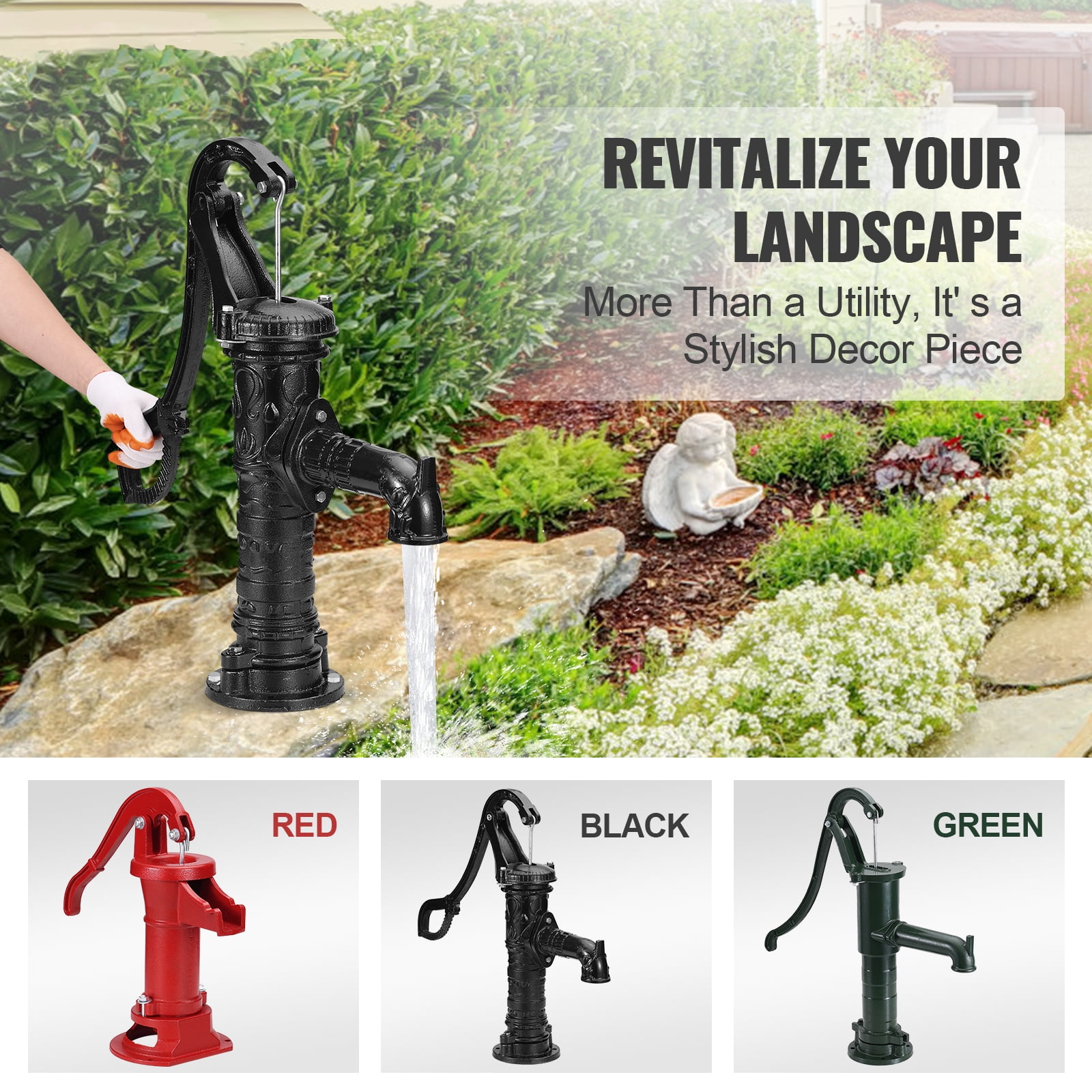 KFFKFF Classic Manual Water Pump, 22 ft Lift Capacity, Durable Cast Iron Construction, Hand-Operated with Comfortable Handle G1-5/8", Simple Setup, Ideal for Outdoor Gardens, Yards, Farms - Black