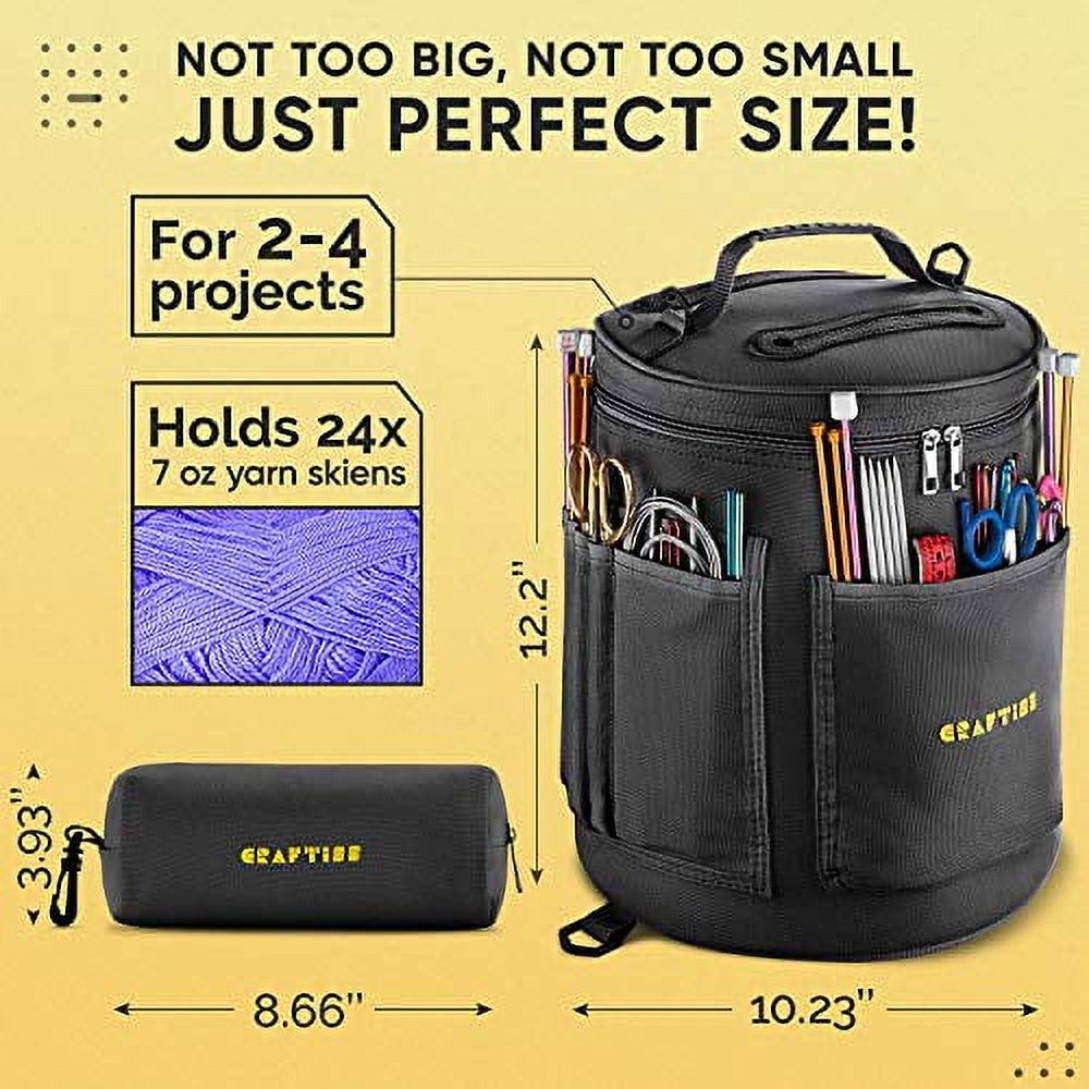 Craftiss Yarn Storage Bag - Black Tote Yarn Bag, Durable Knitting and Crochet Organizer with Needle Case