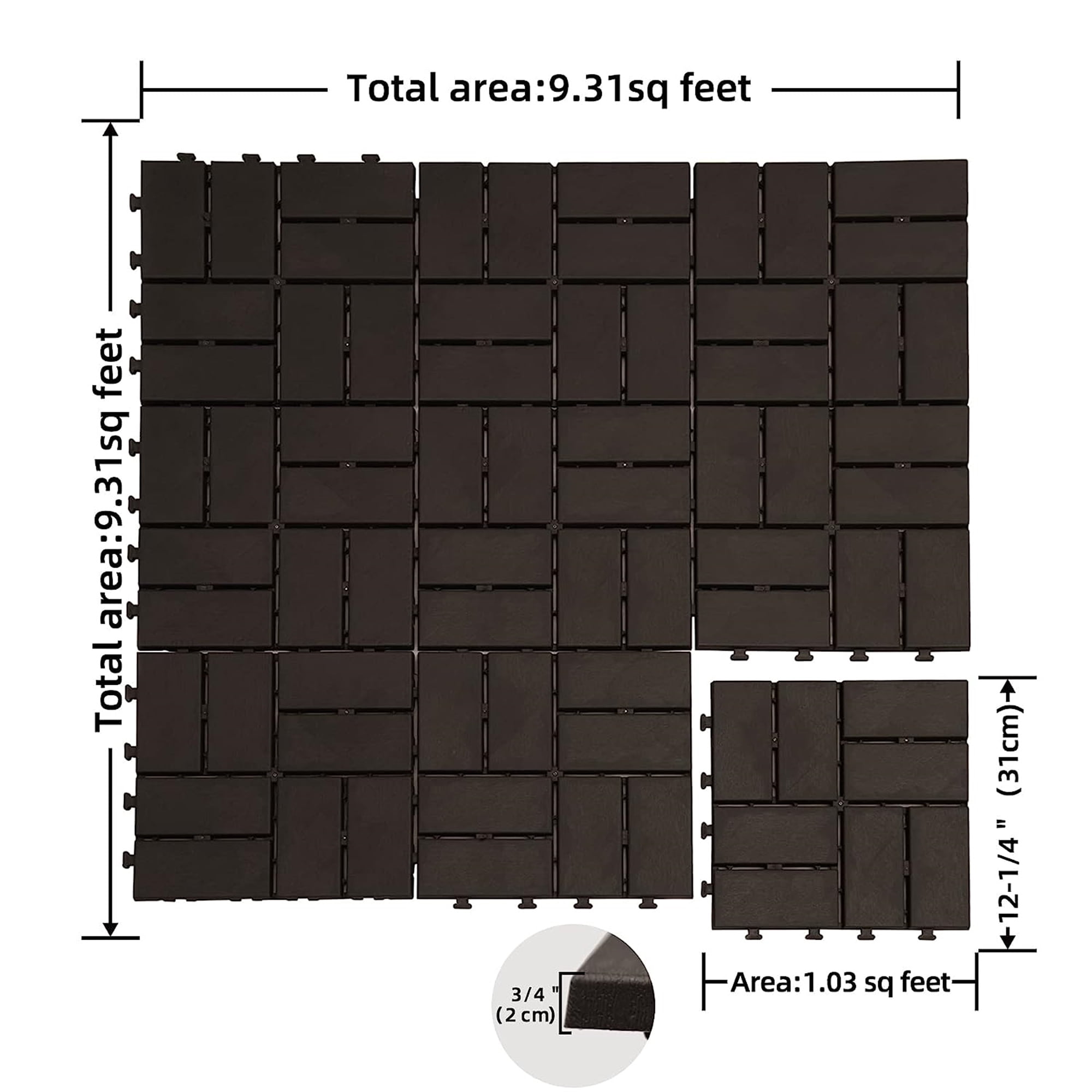 12"x12" Interlocking Patio Deck Tiles, 44 Pack Four-Slat Plastic Flooring Tiles, Weather Resistant Non-Slip Drainage Design, Tool-Free Installation for Balcony Porch Backyard